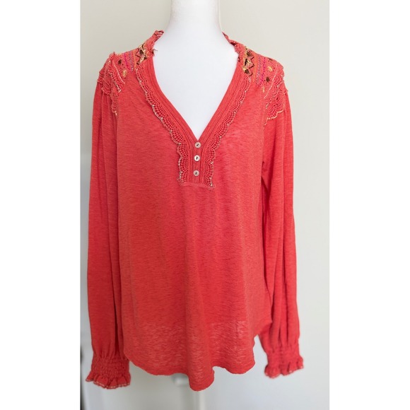 Free People Tops - Free‎ People Coral Pink Crochet Embroidered Henley Boho Long Sleeve Top Women M